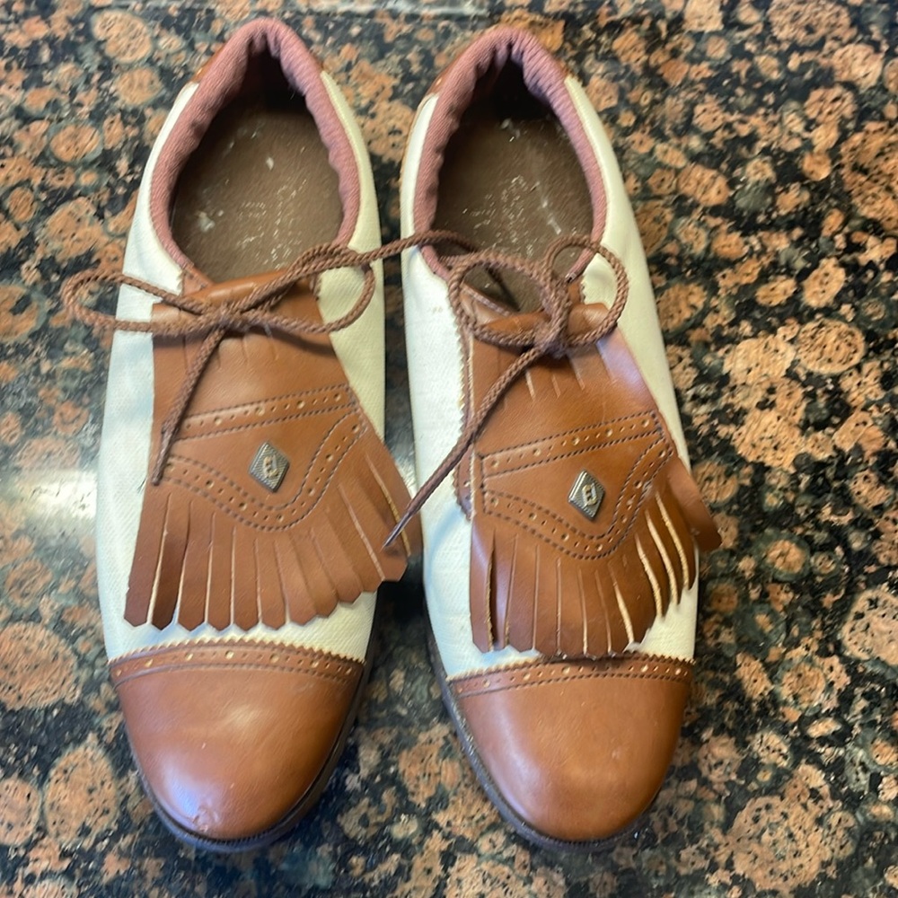 Footjoy TCX women’s two tone brown/tan golf shoes 10M + ball/tee carrier